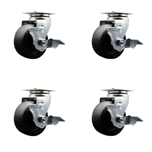 4 Inch Glass Filled Nylon Swivel Caster Set with Ball Bearings and Brakes SCC
